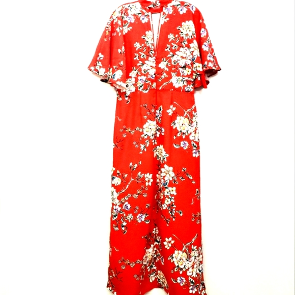 Nwot Truth & Fable Red Multicolor Floral Flutter Sleeve Maxidress - Picture 8 of 14